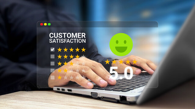 Customer Satisfaction Feedback Review Concept. Happy Customer Writing Product or Service Experience Online. 5 Star Rating, Quality Service, Digital Feedback System