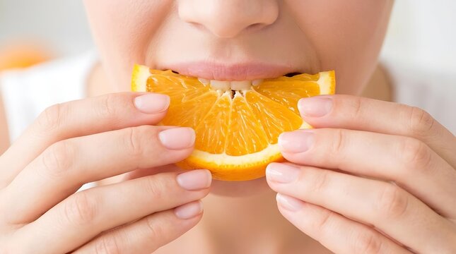 Beautiful woman holding a fresh orange slice near her mouth, enjoying a fresh orange for natural vitamin C and healthy skin with this juicy fresh orange wedge.
