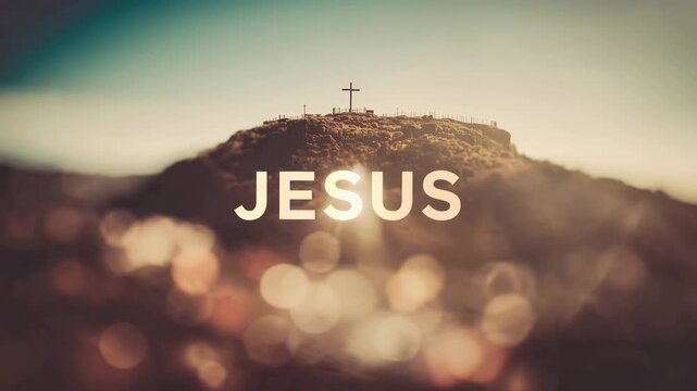 Jesus Text with Glowing Light Effect and Blurred Background, with a Cross on the Mountains