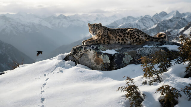 A snow leopard resting on a rocky snowy peak with a bird flying in the distance and visible paw prints in the snow in a cold environment
