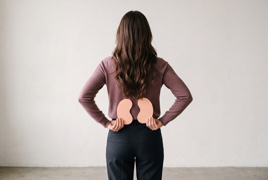 A woman from behind holding two kidney-shaped cutouts against her lower back to symbolize kidney health and awareness.