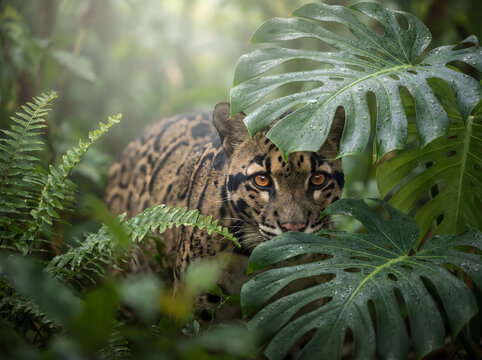 Clouded leopard partially hidden behind tropical leaves, peeking with intense gaze, misty morning light, mysterious mood