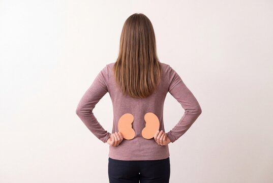 Rear view of a woman holding two kidney-shaped paper cutouts against her lower back to symbolize kidney health and awareness.