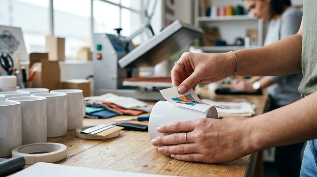 Professional hands applying custom printed design transfer onto blank white ceramic coffee mug