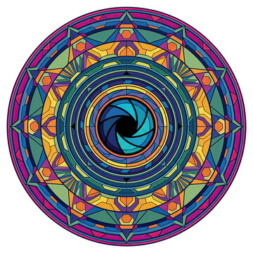 Colorful Geometric Mandala with Central Camera Aperture Illustration