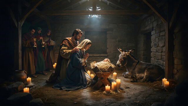 A traditional nativity scene featuring joseph and mary kneeling beside a manger with a baby, a donkey, and visitors in a rustic stone stable