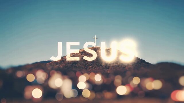 Shining Jesus Text with a Cross on The Hill, with Bokeh Light and Blurred Background