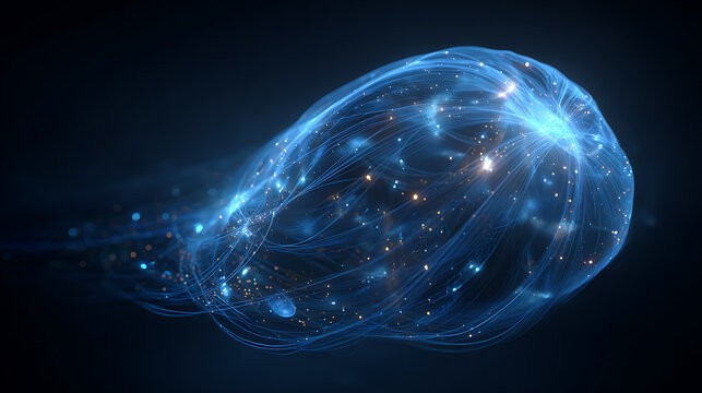 Abstract glowing neural cloud with flowing data connections representing artificial intelligence, machine learning, cloud computing, digital intelligence and AI innovation
