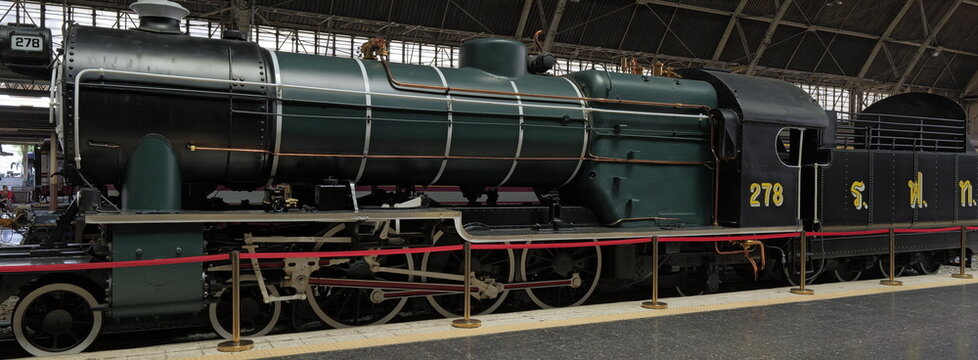 A 4-6-2 steam locomotive with its tender are displayed at the iconic Hua Lamphong train station in Thai capital Bangkok