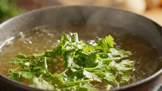 Fresh green coriander herb leaves added into simmering broth, enhancing cooking aroma and flavor with steam rising gently in hot soup pot