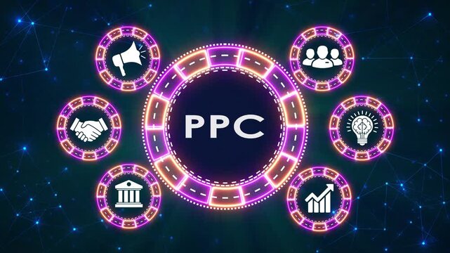 Pay per click advertising concept with digital icons and network background motion.