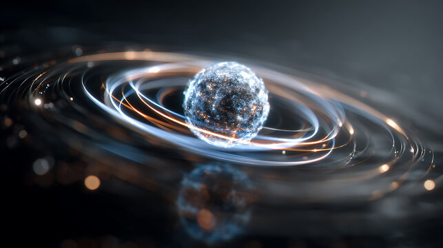 Abstract glowing quantum sphere with orbiting energy streams representing AI computing, advanced algorithms, digital intelligence, data processing and futuristic technology
