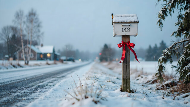 A white mailbox marked with the number 142 and a bright red ribbon stands on a wooden post beside a snow-covered road in a quiet winter scene
