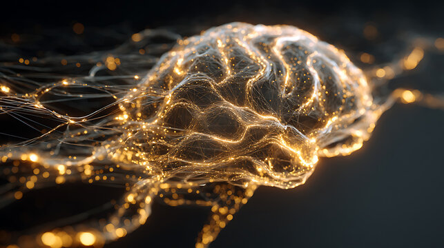 Abstract glowing neural brain with interconnected data streams representing artificial intelligence, machine learning, neural computing, digital innovation and AI technology