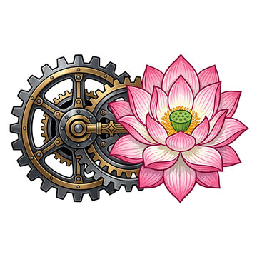 Pink Lotus Flower with Interlocking Mechanical Gears Illustration