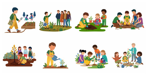 Fototapeta premium Vector Illustration Set of Diverse Children and Adults Planting Trees and Gardening for Environmental Conservation