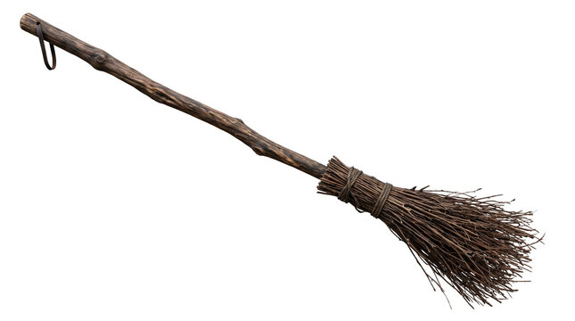 Classic Wooden Witch Broomstick Isolated on White Background, Realistic Halloween Magic Accessory