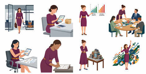 Fototapeta premium Set of businesswoman character in various office situations and corporate activities