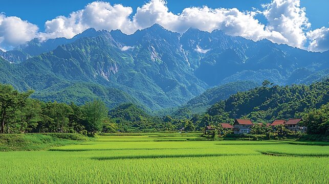 Rice paddy, mountain valley, Vietnam, sunny day, travel postcard
