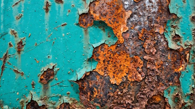 Abstract background texture featuring peeling turquoise paint and corroded metal surface