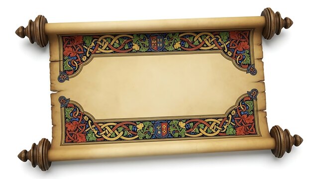 A colorful scroll with a blank center and ornate design
