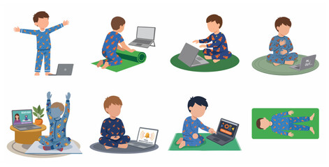 Boy in pajamas practicing mindfulness, yoga, and meditation through online classes on a laptop vector illustration