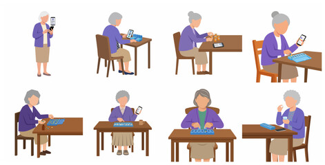 Fototapeta premium Elderly woman organizing medicine pills in a weekly box and using a mobile health app for treatment tracking