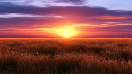 Fototapeta premium Vibrant sunrise illuminates vast field with colorful clouds, casting warm hues over tall grasses