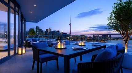 Obraz premium Rooftop terrace with modern furniture, city skyline view, sunset ambiance, and warm candle lighting