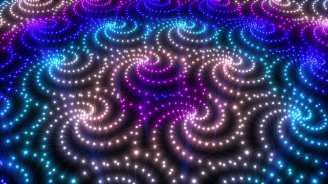 Spiralling light patterns, seamless loop. Spirituality or data concept. Mesmerizing animation.