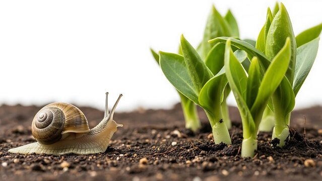 A snail is slowly making its way to a young green plant