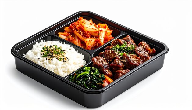Realistic Korean bento, bulgogi, kimchi, rice, colorful, isolated, white background.