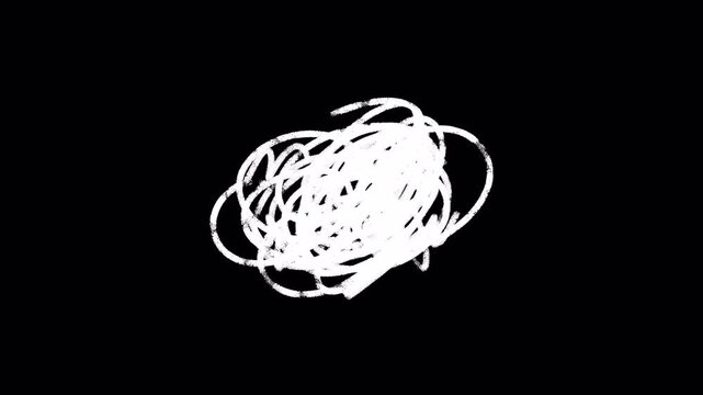 Abstract white tangled line drawing on black background for creative motion graphics and cinematic video projects, representing complexity, confusion, and brainstorming concepts.. alpha chanel in 4k v