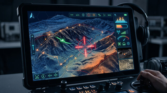 Futuristic military control console displaying a 3D topographic map, flight telemetry, and target tracking interface with a mountain landscape background with copy space.