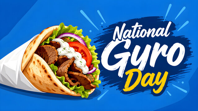 Delicious National Gyro Day Celebration - Close-up of a mouthwatering gyro wrap with fresh ingredients on a vibrant blue background.