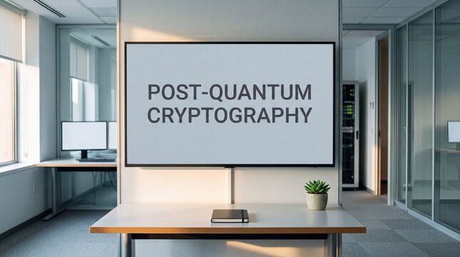 Post-quantum cryptography on wall screen in empty office