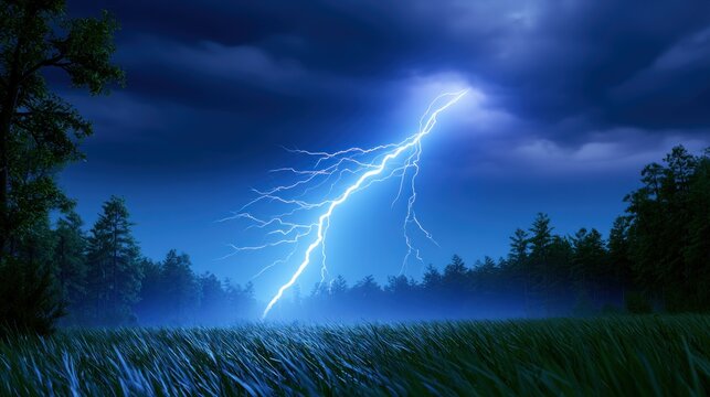 A dramatic lightning bolt illuminates a dark, lush forest under an ominous night sky