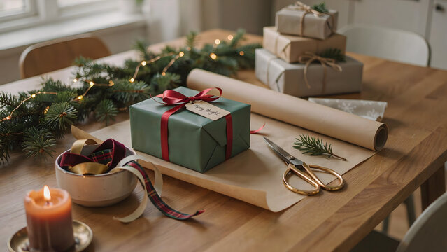 Christmas gift wrapping on a wooden table with brown paper, a green gift box with red ribbon, scissors, a candle, and evergreen branches with lights