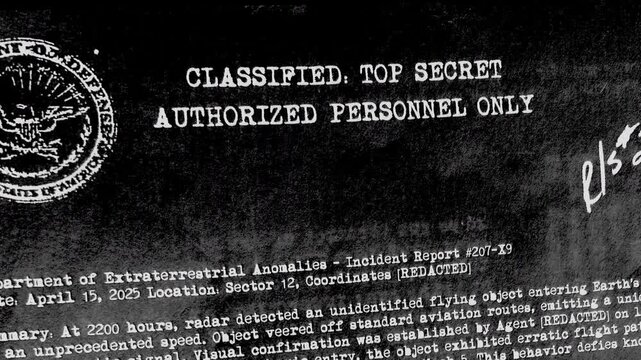 A close-up view of a classified top secret government report detailing an extraterrestrial anomaly incident with redacted coordinates.