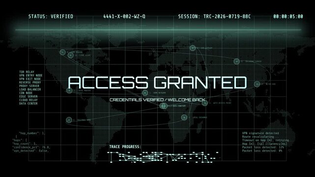 A futuristic heads-up display digital interface screen demonstrating a successful security verification status with a clear access granted message.