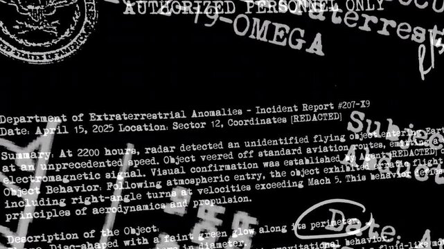 A stylized motion graphics sequence displaying a classified top secret file containing an incident report on extraterrestrial anomalies.