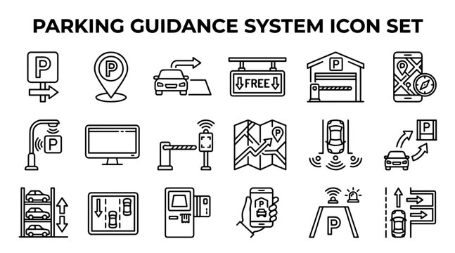 Parking guidance system icons. Smart car parking navigation and management vector set.