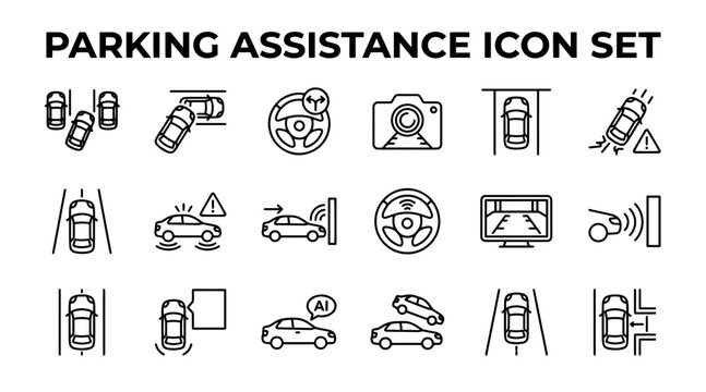Parking assistance icon set. Vector symbols for autonomous driving and vehicle safety systems.
