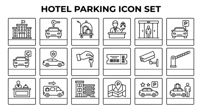 Hotel parking icon set. Linear vector symbols for valet service and vehicle storage.