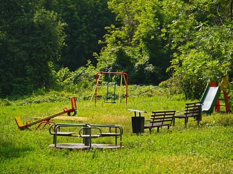 Empty overgrown children's playground with a carousel, seesaw, swings, and a slide in a sunny green park.