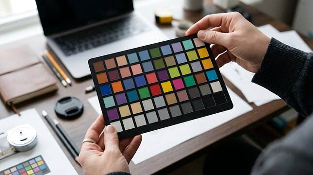 Professional color calibration chart held by designer working at workspace desk