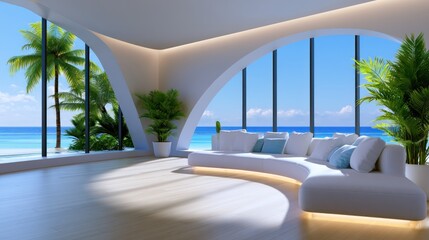 Fototapeta premium Modern beach house interior with ocean view, arched windows, lush plants, and curved furniture