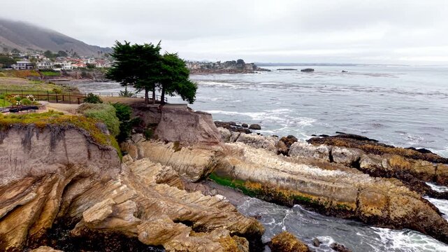 aerial just over surf in pismo beach california