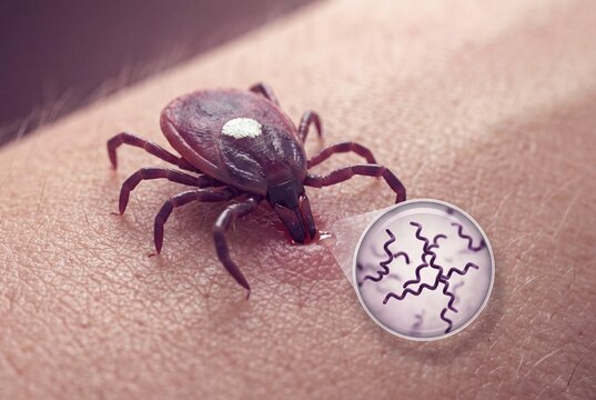 A close-up illustration of a tick biting human skin with a magnified view of Borrelia burgdorferi bacteria, representing the transmission of Lyme disease.