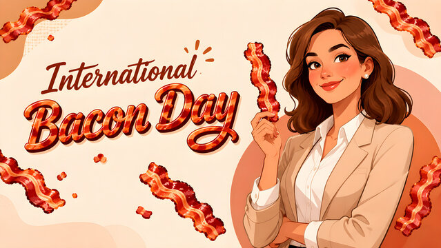 Happy International Bacon Day! Woman holding crispy bacon, surrounded by floating bacon strips. Festive, celebratory, delicious food illustration.